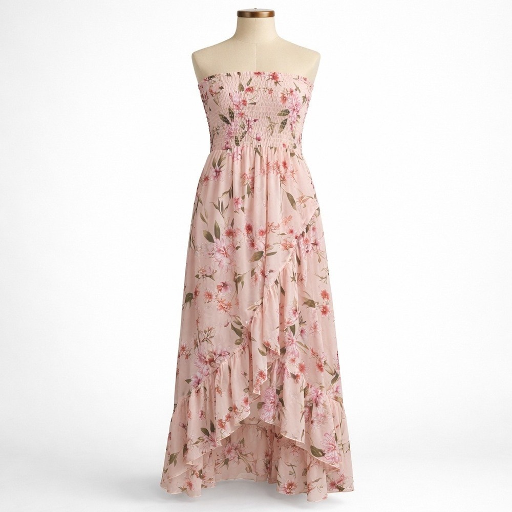 Floral Fairy Asymmetrical‎ Ruffle Hem Maxi Dress Size M Pink Romantic Coquette